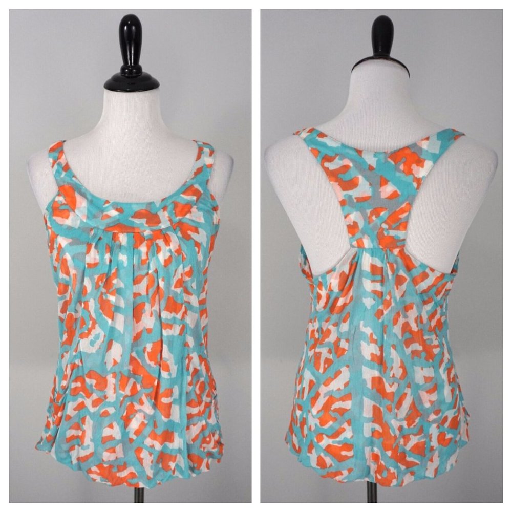Diane Von Furstenberg Turquoise Orange 100% Silk Sleeveless Top Blouse Large